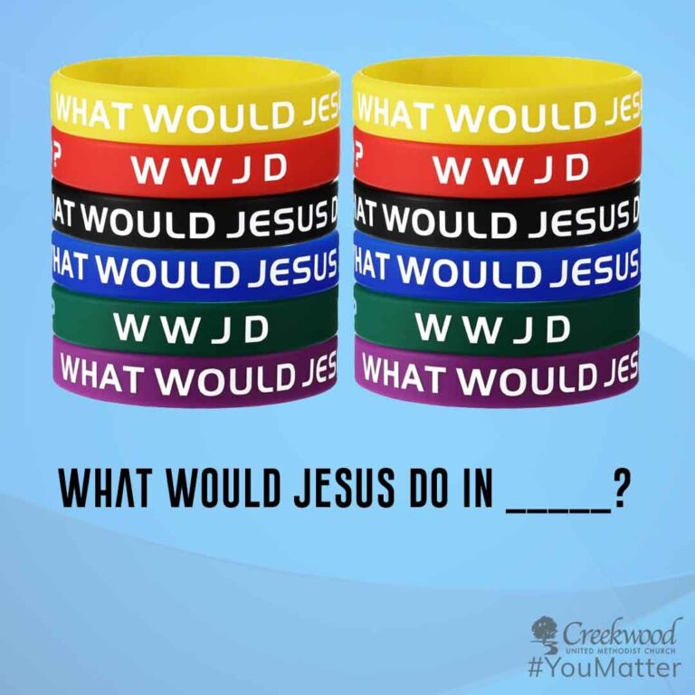 WWJD wrist bands on blue background